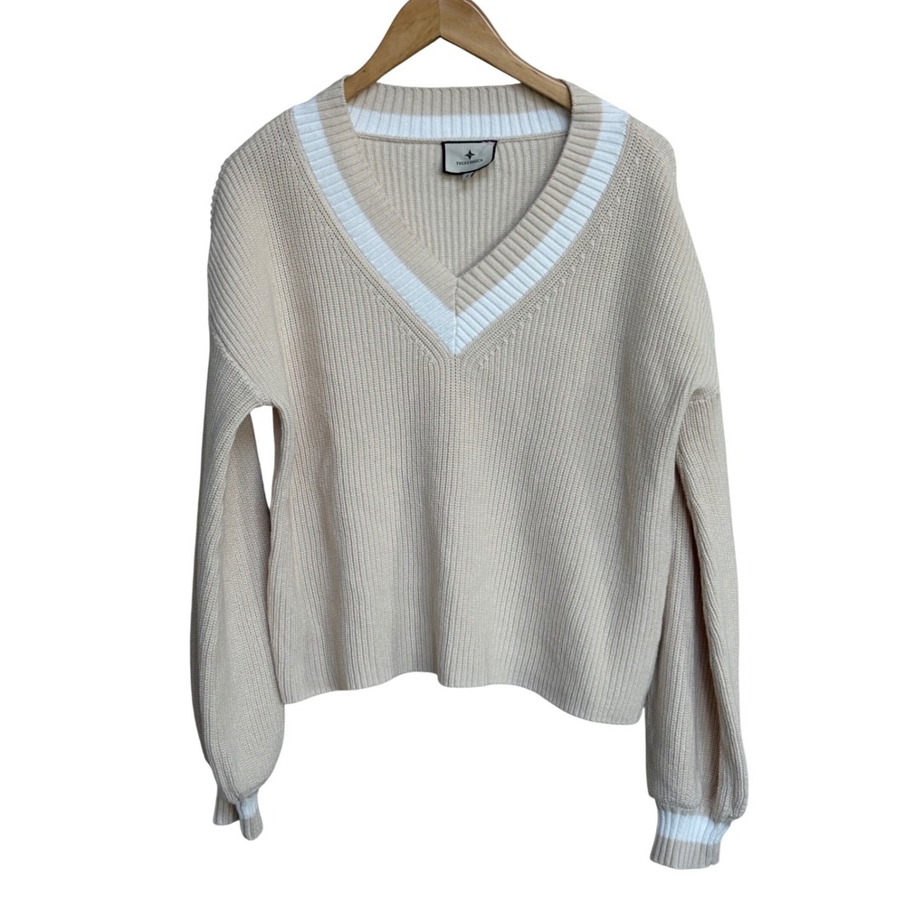Tuckernuck Womens Tan Beige V-Neck Ribbed Knit Cotton Tennis Sweater Size Medium